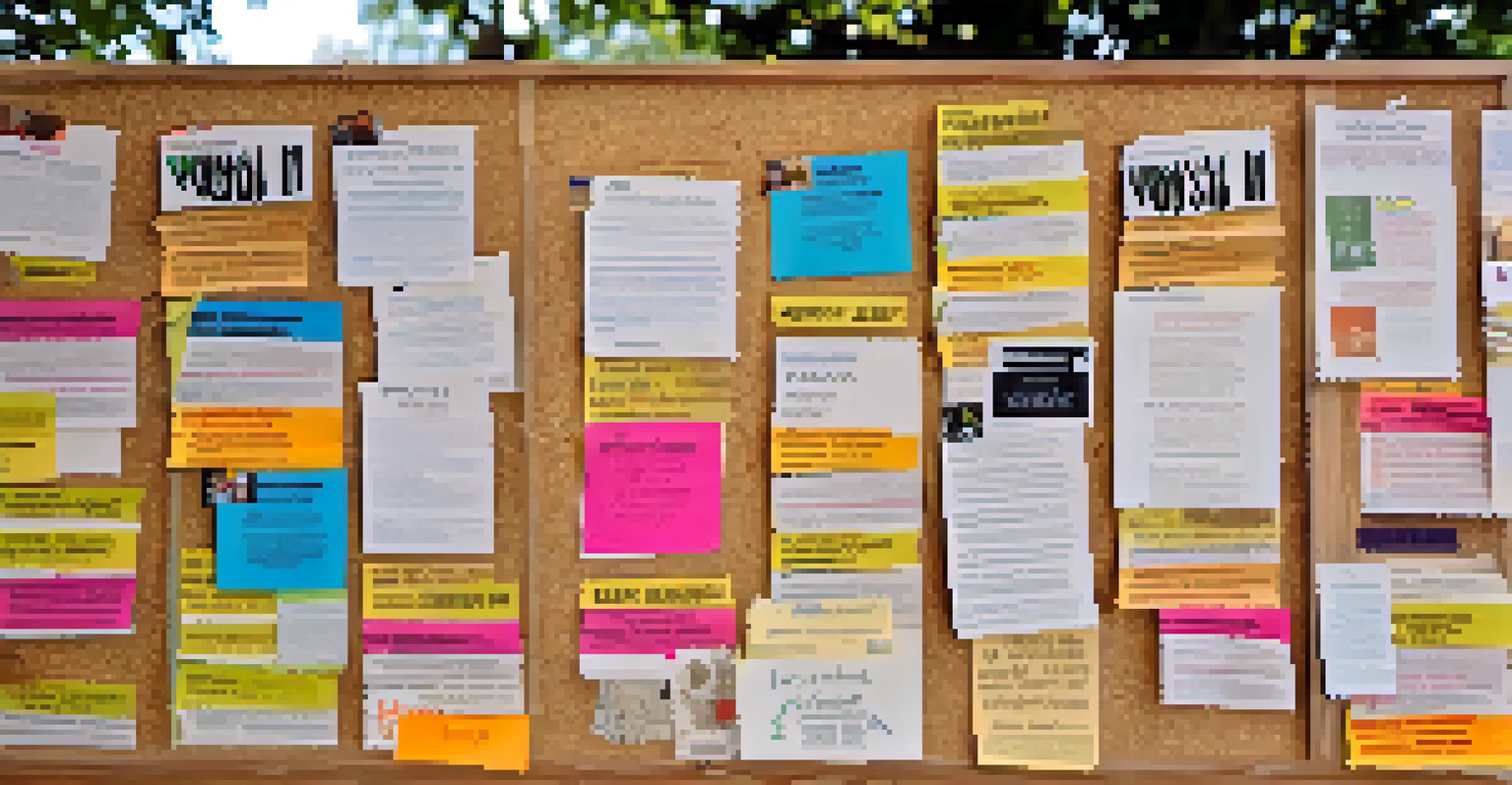 A close-up of a community bulletin board displaying various flyers and announcements in a local park.