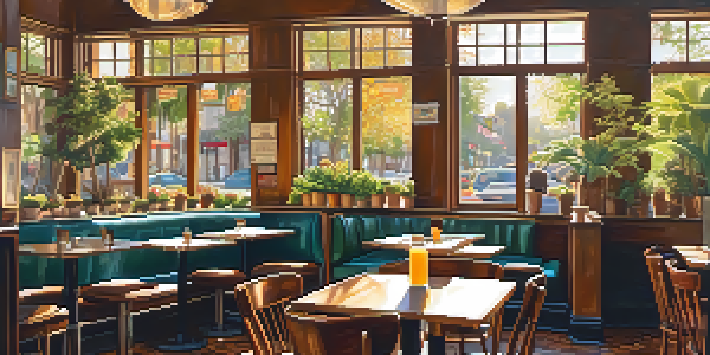 A warm and inviting café in Old Town Pasadena with patrons enjoying breakfast, fluffy pancakes, and coffee, illuminated by sunlight.
