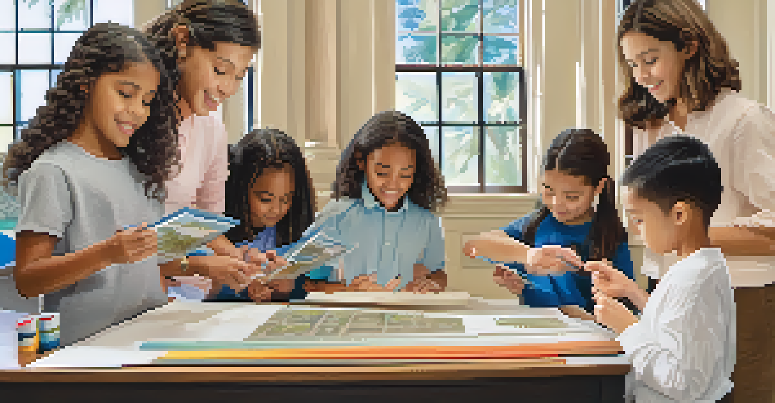 Children participating in a history workshop focused on Pasadena's architectural heritage, with an instructor guiding them.