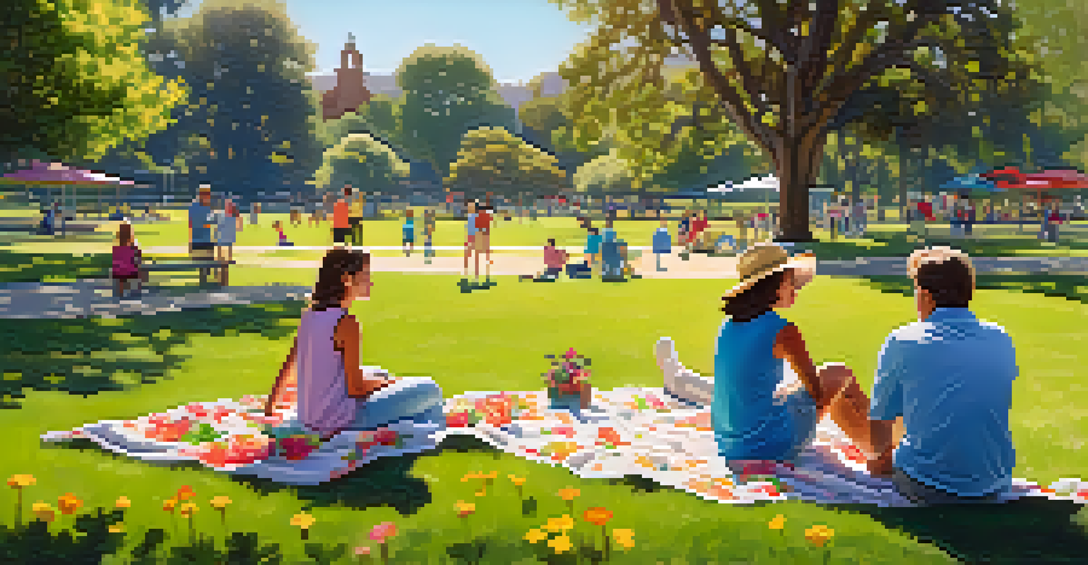 A family enjoying a picnic in a beautifully landscaped park, with colorful flowers, tennis courts, and playgrounds in a sunny setting.