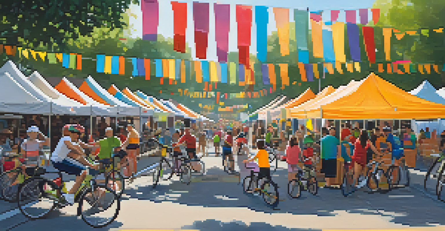 A bike festival in Pasadena with a group of cyclists and families enjoying the event, colorful tents, and festive decorations.