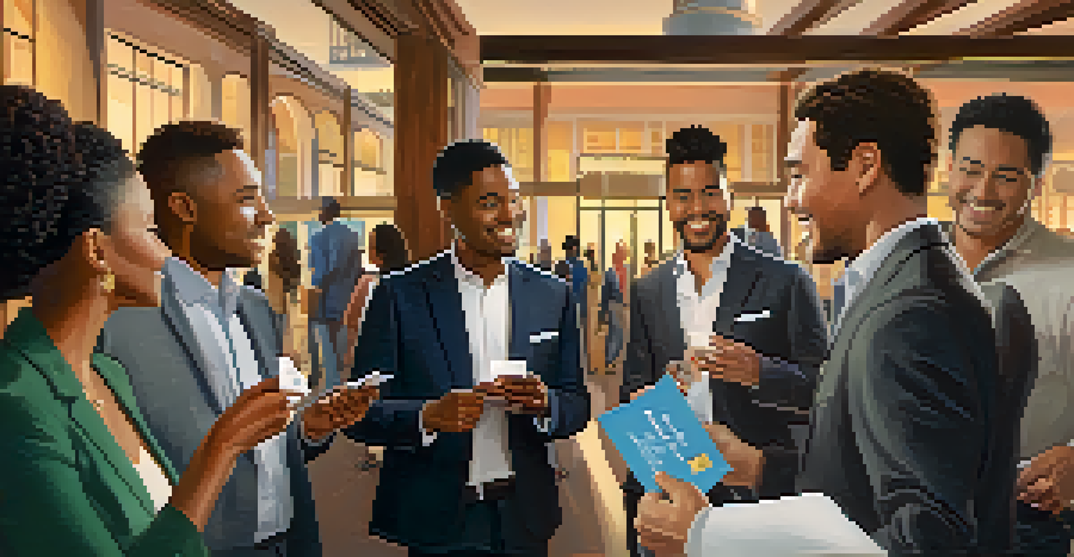 A diverse group of entrepreneurs at a networking event in Pasadena, exchanging ideas and business cards in a warmly lit environment.