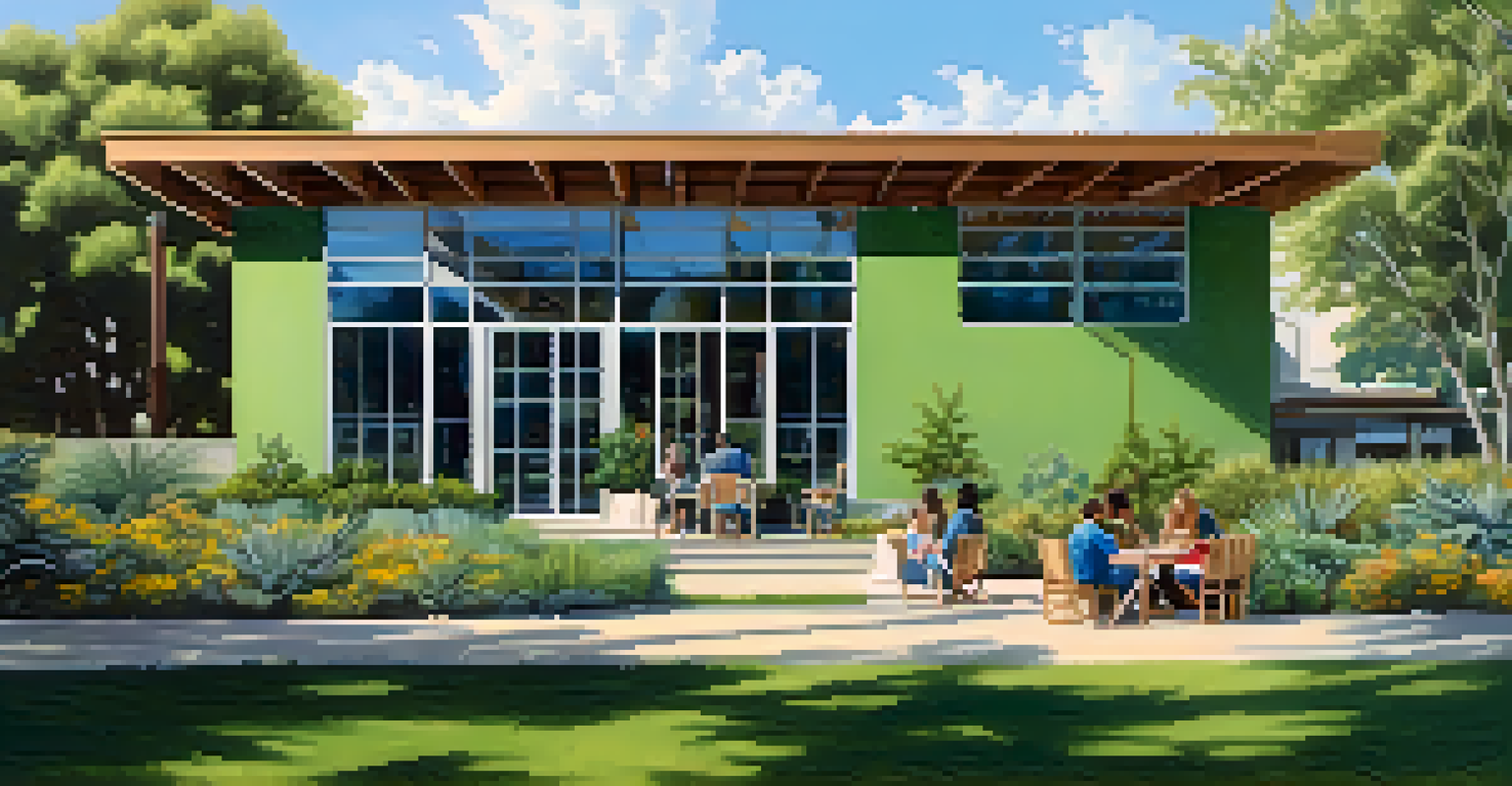 A green building in Pasadena with native plants and solar panels, reflecting the sky, while a family enjoys a picnic nearby.