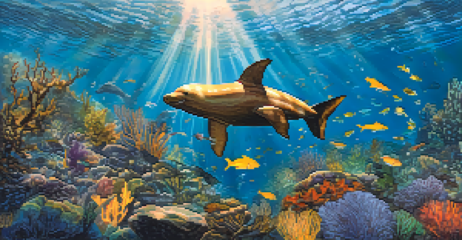 An underwater view of a kelp forest near Pasadena, filled with colorful fish and a California sea lion. Sunlight filters through the water.