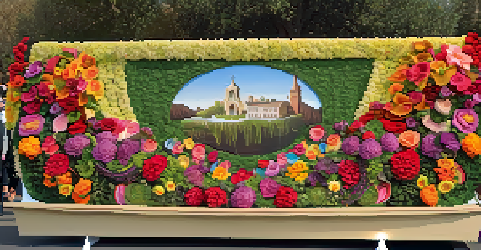 A close-up of a sustainable Rose Parade float made with living plants and recycled materials, illuminated by sunlight.