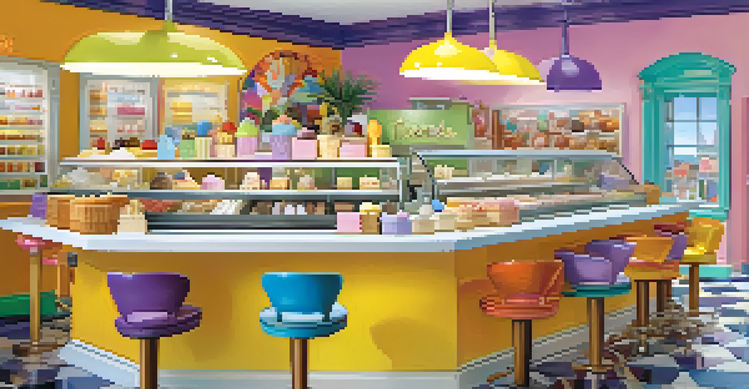 An ice cream shop interior featuring colorful ice cream tubs with unique flavors and customers enjoying their treats.