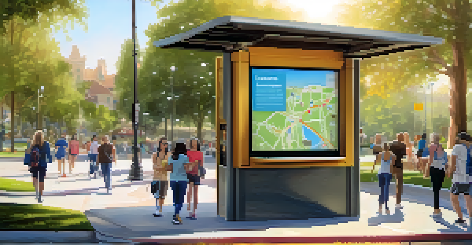 An interactive kiosk in a park showing maps and accessibility information, with people engaging in outdoor activities around it.