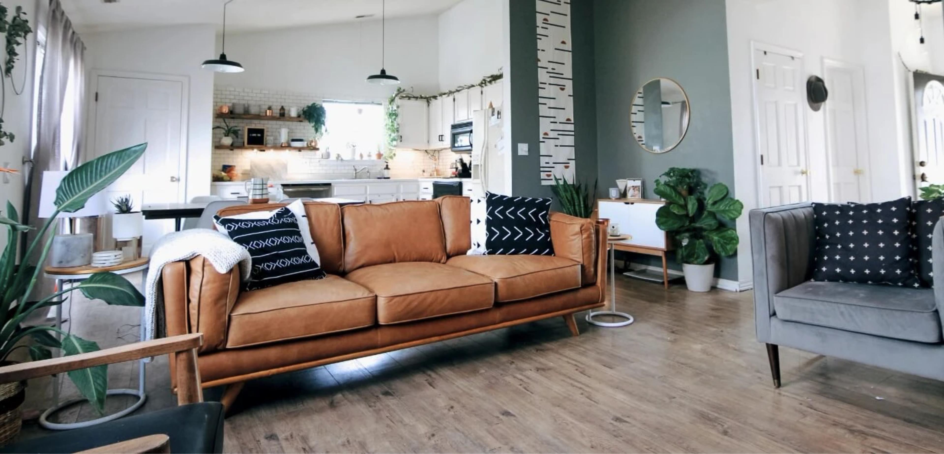 Living room with brown leather couch
