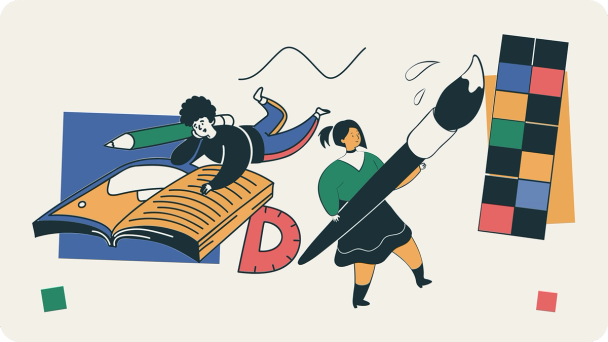 An illustration of two people engaged in creative and academic pursuits, one writing on a giant book with a pencil, the other painting with a large brush and color palette.
