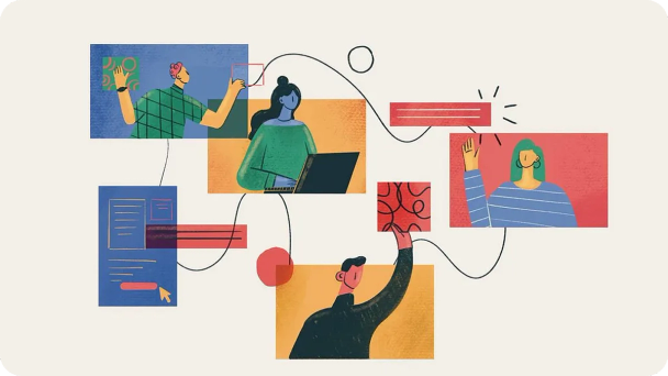 Illustration of multiple people collaborating virtually through interconnected screens and digital elements.