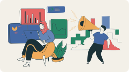 Illustration of a woman using a laptop with data graphics and a man shouting into a megaphone.