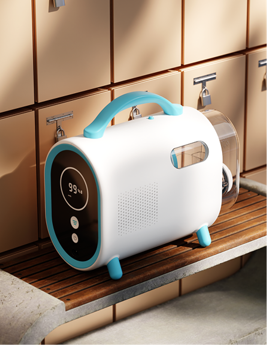 white portable device with a bright blue handle sits on a wooden shelf