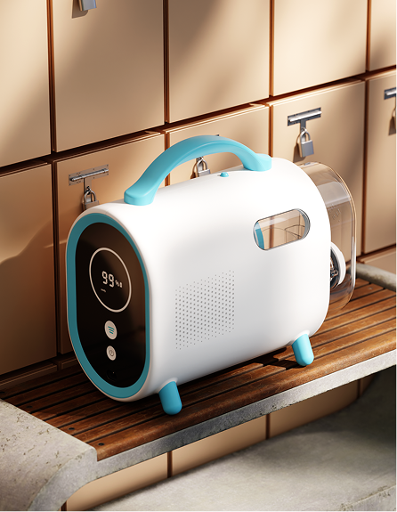 white portable device with a bright blue handle sits on a wooden shelf