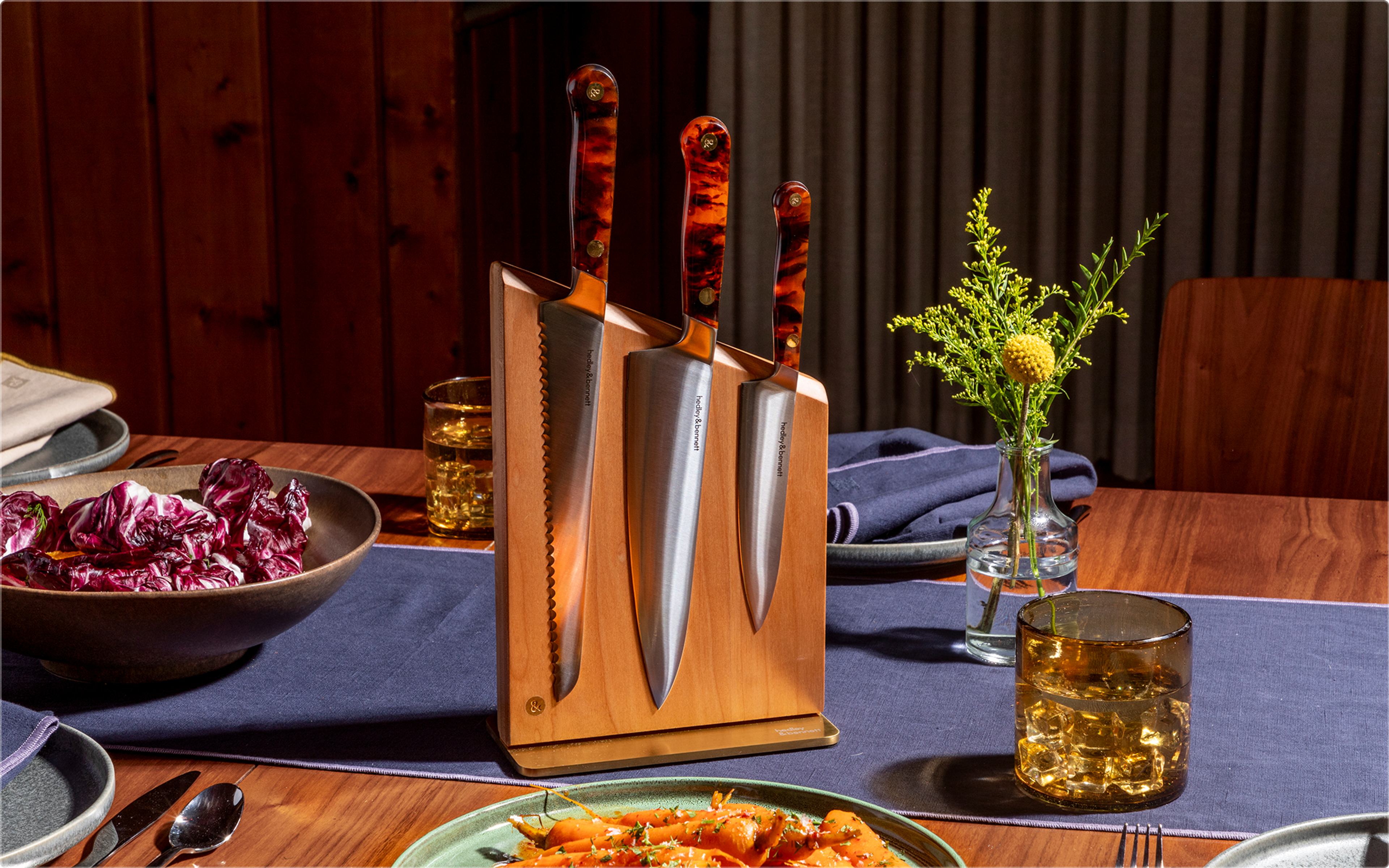 knives in knife holder on set table