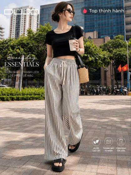 Quần Suông Nữ Kẻ Sọc Dọc Lưng Chun