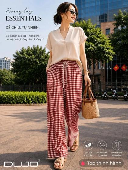 Quần Ống Rộng Nữ Caro Lưng Cao