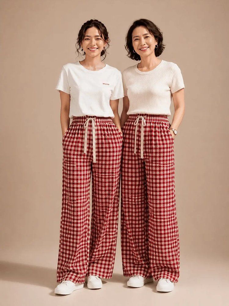 Quần Ống Rộng Nữ Caro Lưng Cao
