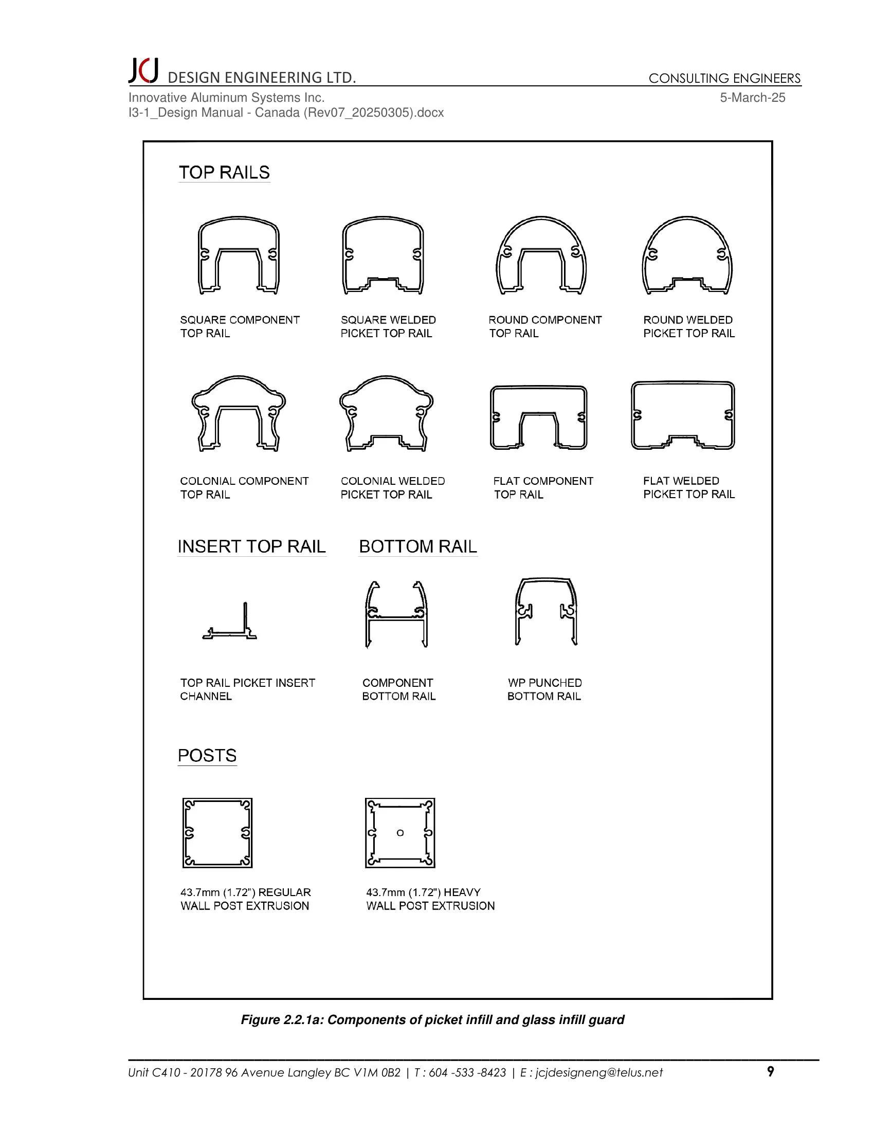 Cross-section profiles of aluminum railing top rails in square, round, colonial, and flat options, plus bottom rail and regular wall and heavy wall post extrusions
