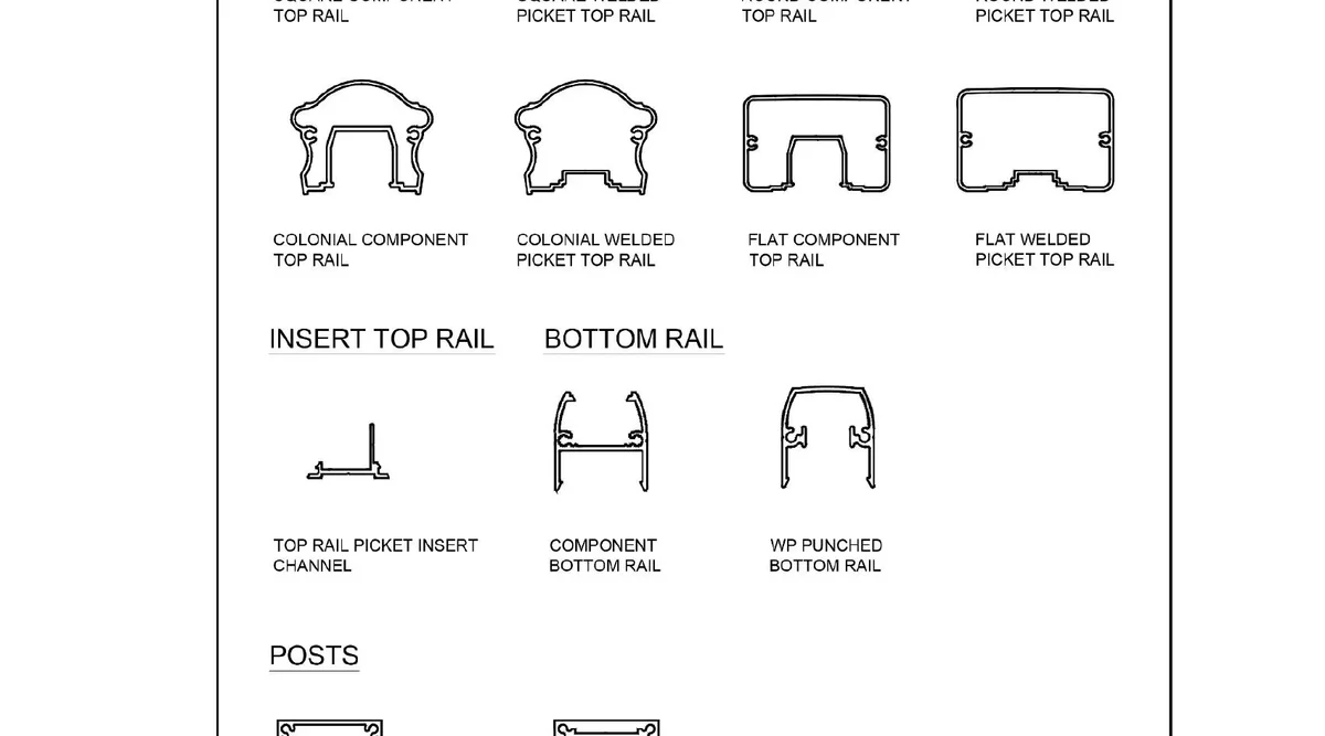 Cross-section profiles of aluminum railing top rails in square, round, colonial, and flat options, plus bottom rail and regular wall and heavy wall post extrusions