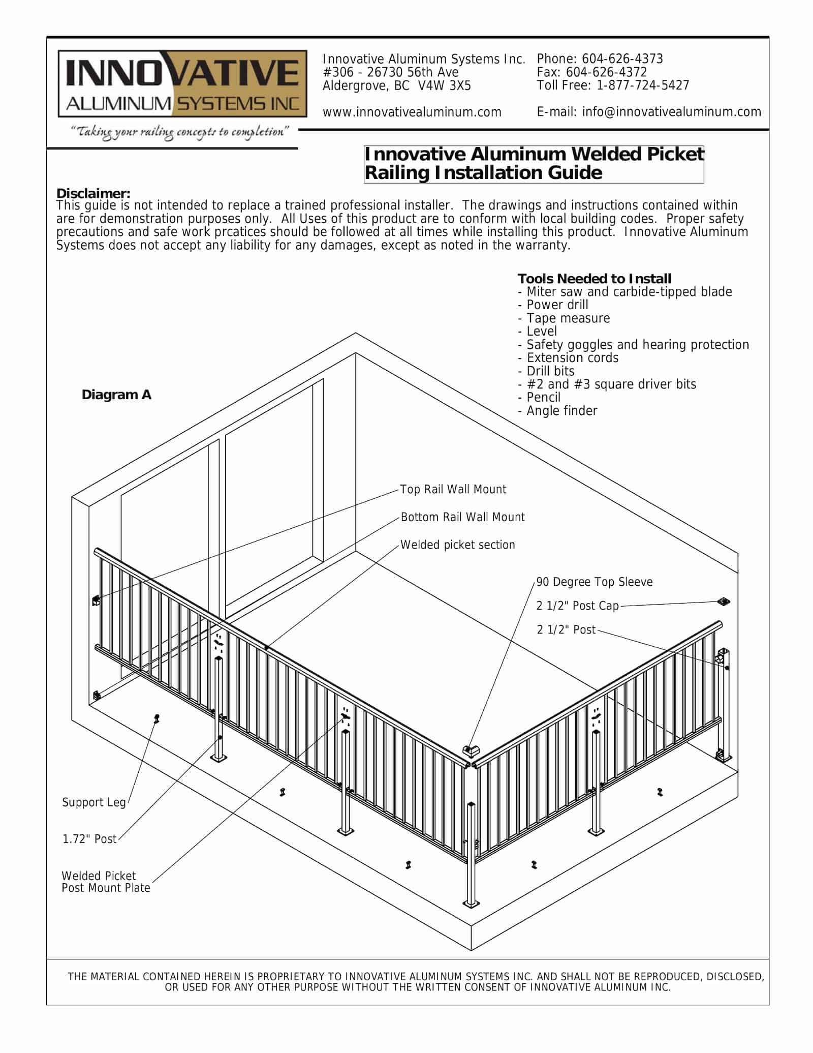 Exploded isometric diagram of an aluminum welded picket deck railing system showing all components and fasteners