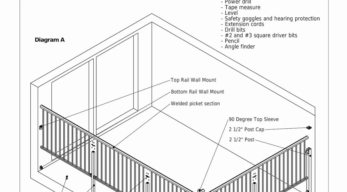 Exploded isometric diagram of an aluminum welded picket deck railing system showing all components and fasteners