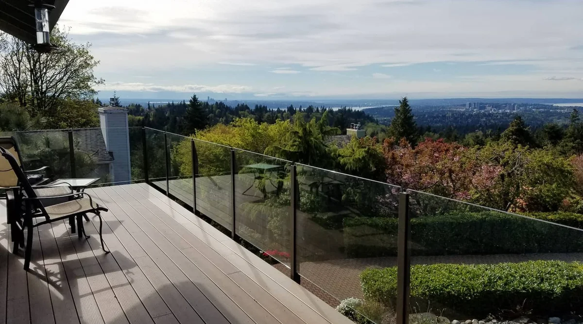 Fascia mounted infinity topless glass railing in Rideau Brown on a residential deck in the Seattle, Washington area