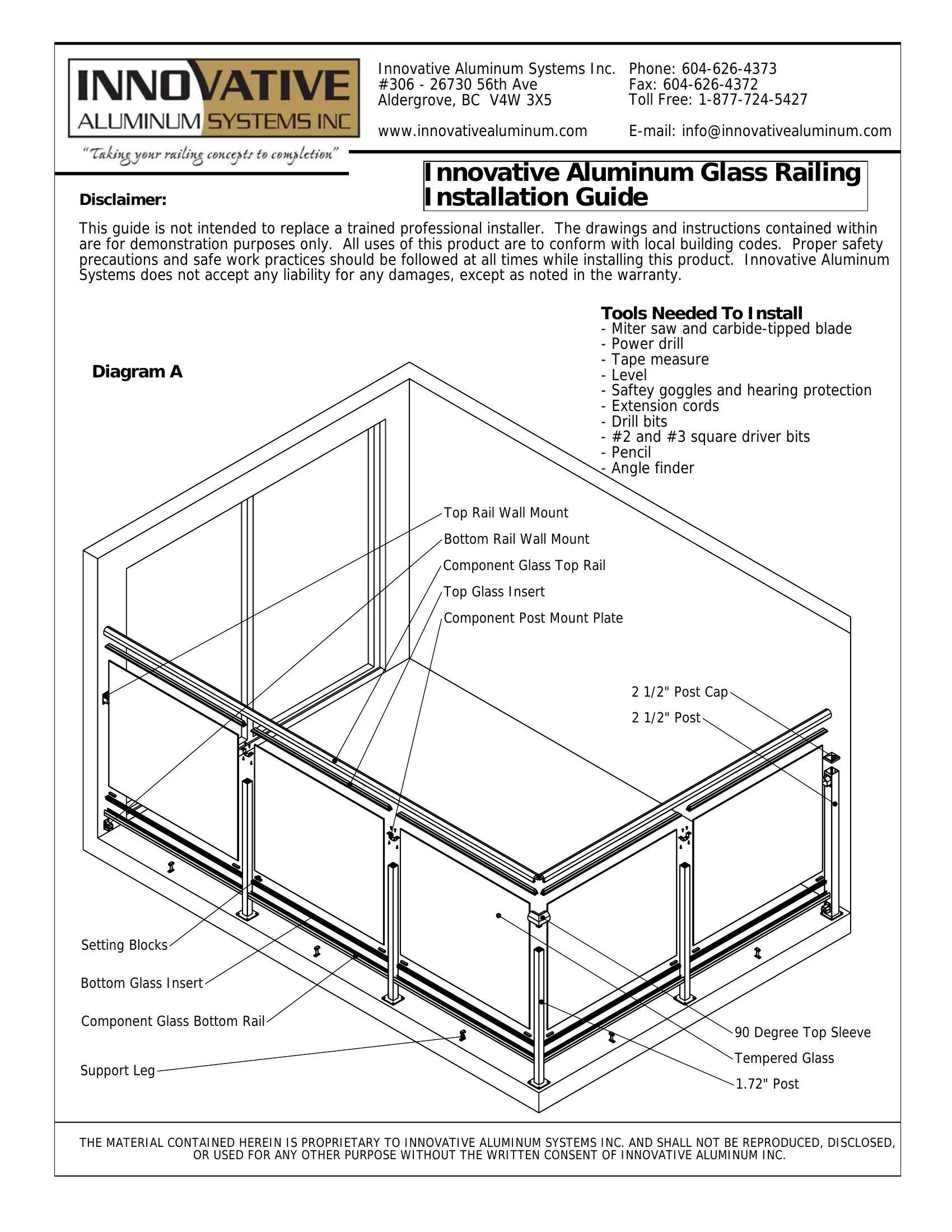 Labeled exploded diagram of an aluminum glass deck railing system showing posts, top rail, bottom rail, glass inserts, setting blocks, support leg, post mount plate, and wall mounts
