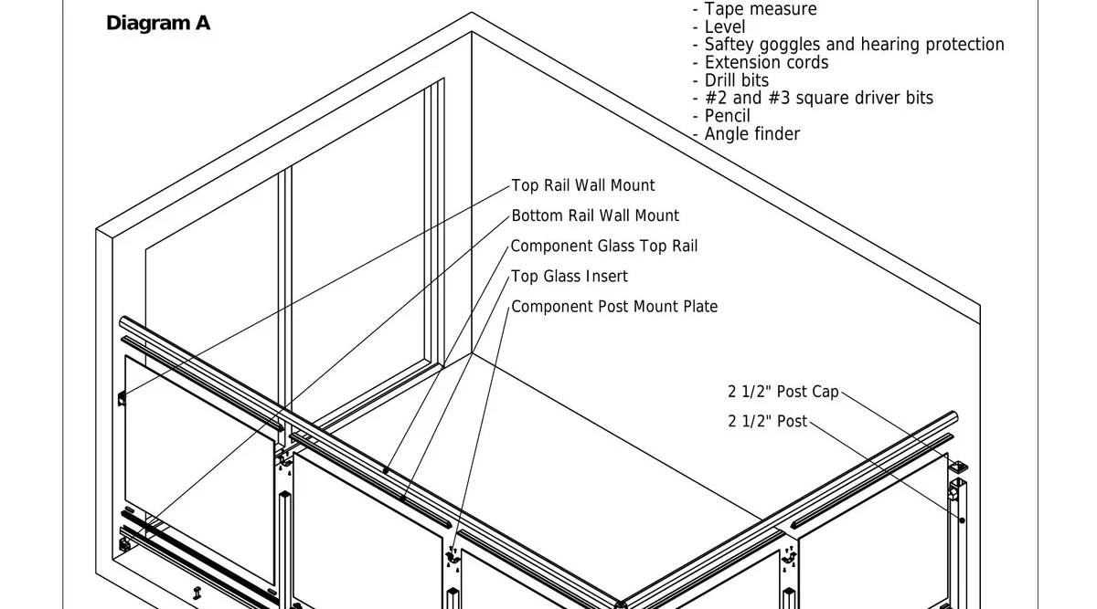 Labeled exploded diagram of an aluminum glass deck railing system showing posts, top rail, bottom rail, glass inserts, setting blocks, support leg, post mount plate, and wall mounts