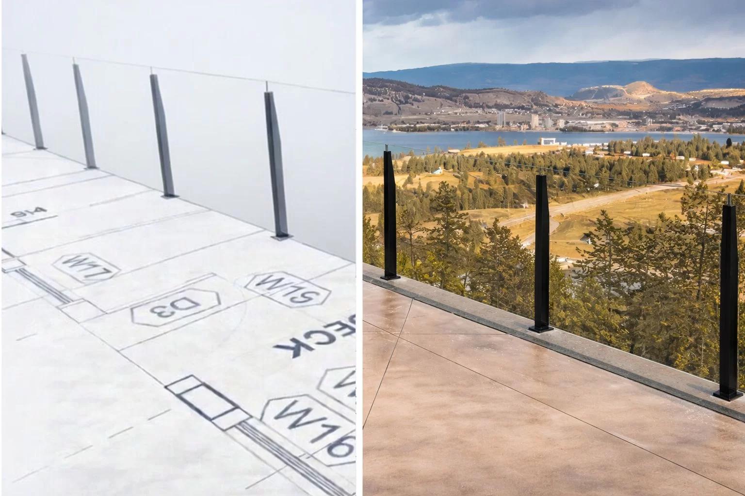 Side-by-side of Innovative Aluminum 3D Railing Designer blueprint model and completed topless glass railing installation overlooking Okanagan Valley