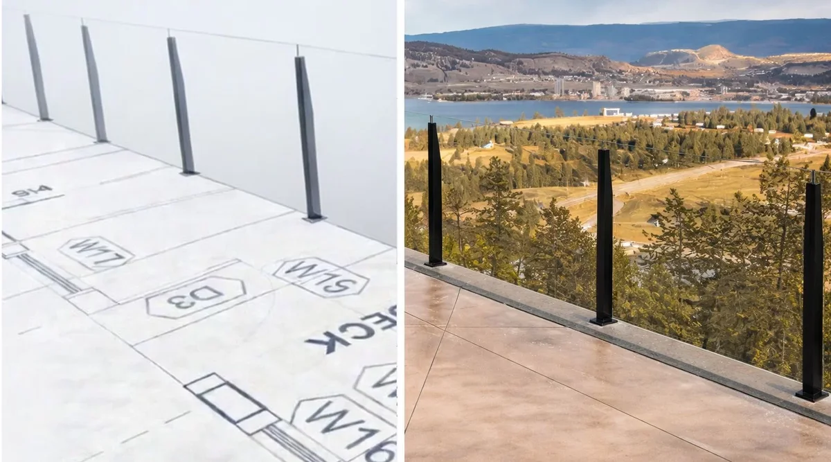Side-by-side of Innovative Aluminum 3D Railing Designer blueprint model and completed topless glass railing installation overlooking Okanagan Valley