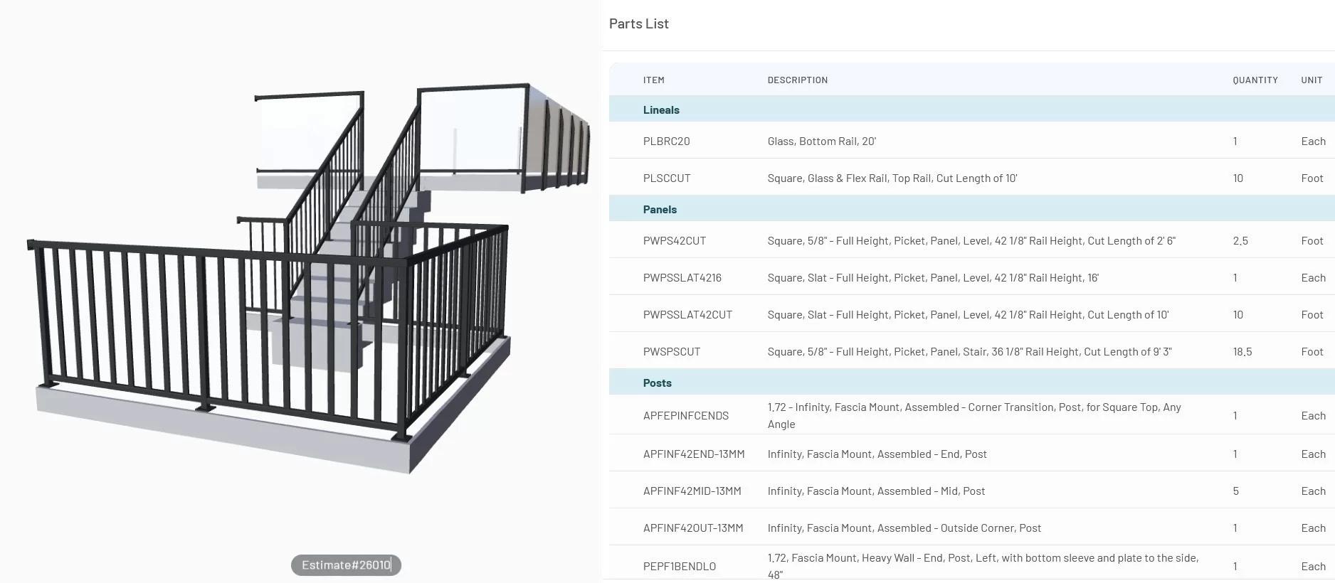 Innovative Aluminum Online Railing Designer showing 3D deck railing preview alongside itemized parts list with quantities and part numbers