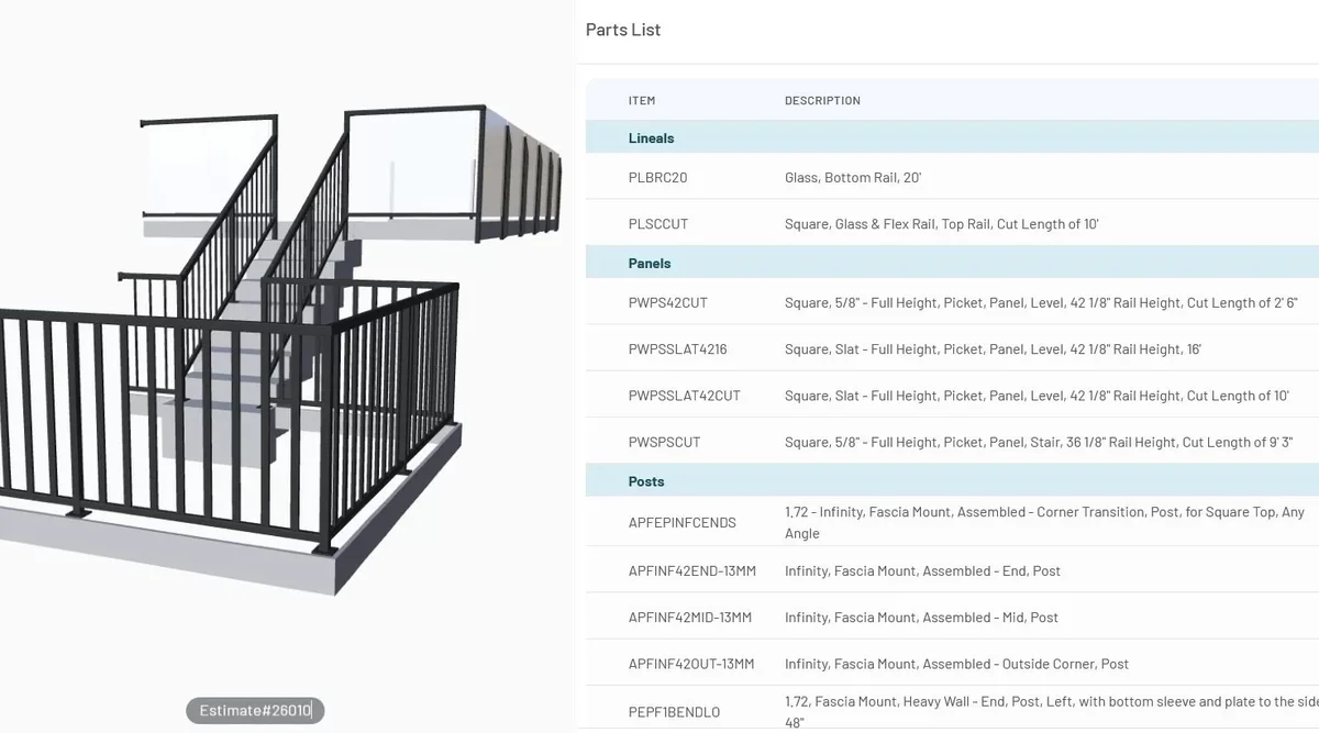 Innovative Aluminum Online Railing Designer showing 3D deck railing preview alongside itemized parts list with quantities and part numbers