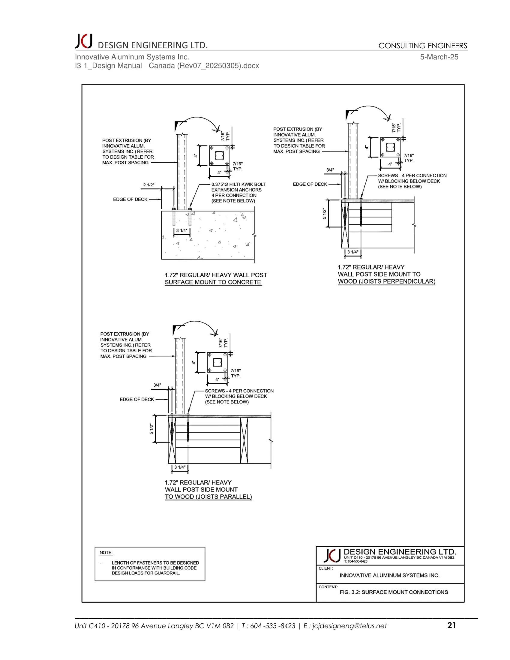 Surface mount railing post connection details showing base plate mounting to concrete with expansion anchors and to wood framing with structural blocking