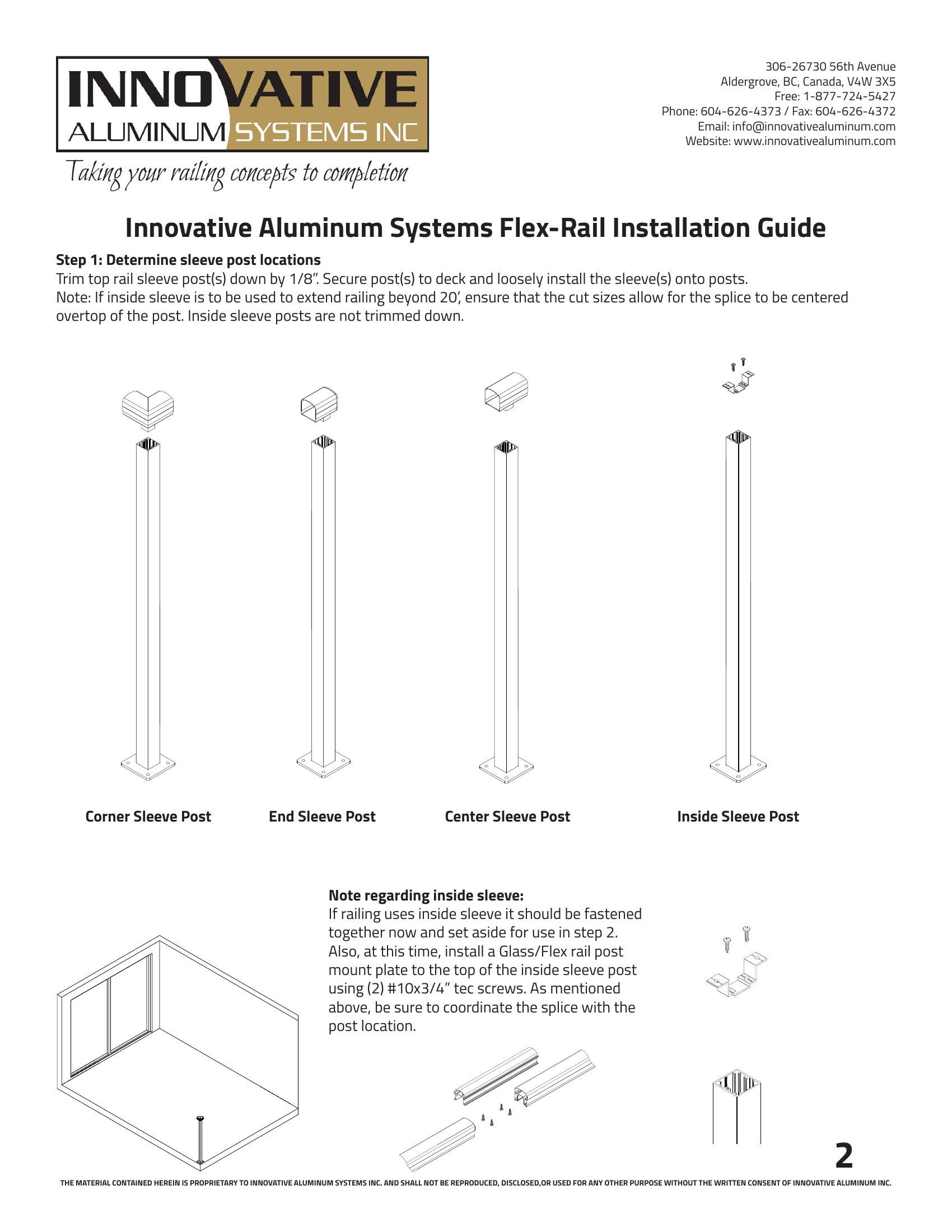 Four types of aluminum railing sleeve posts showing corner, end, center, and inside sleeve configurations with base plates and mount hardware