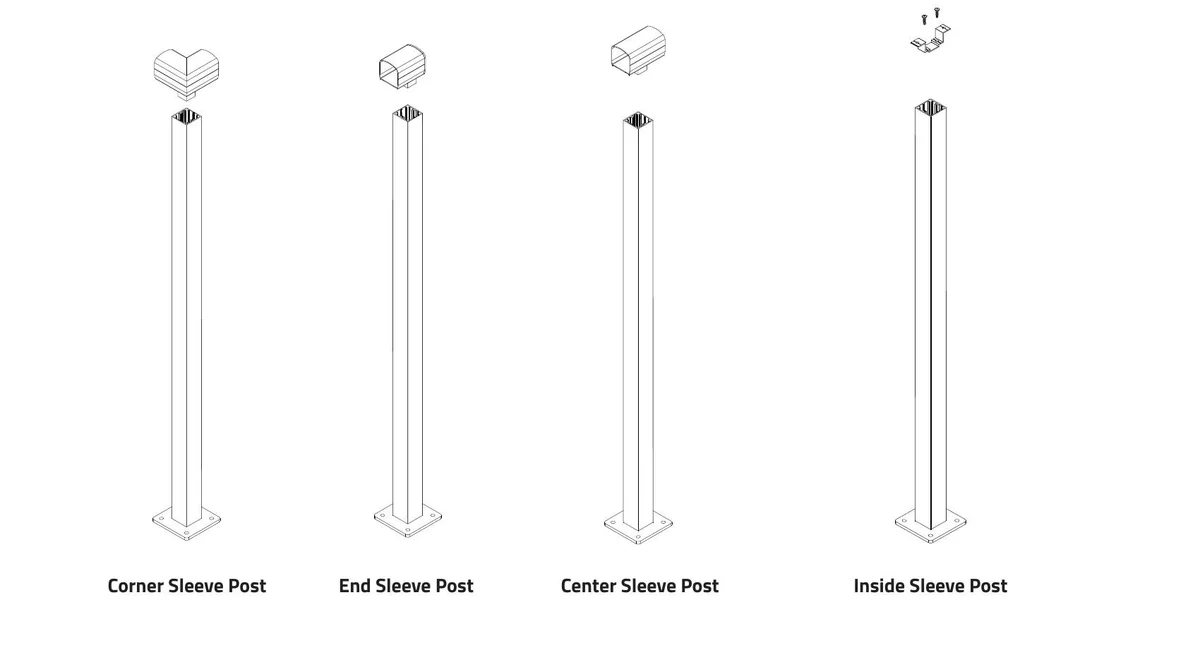 Four types of aluminum railing sleeve posts showing corner, end, center, and inside sleeve configurations with base plates and mount hardware