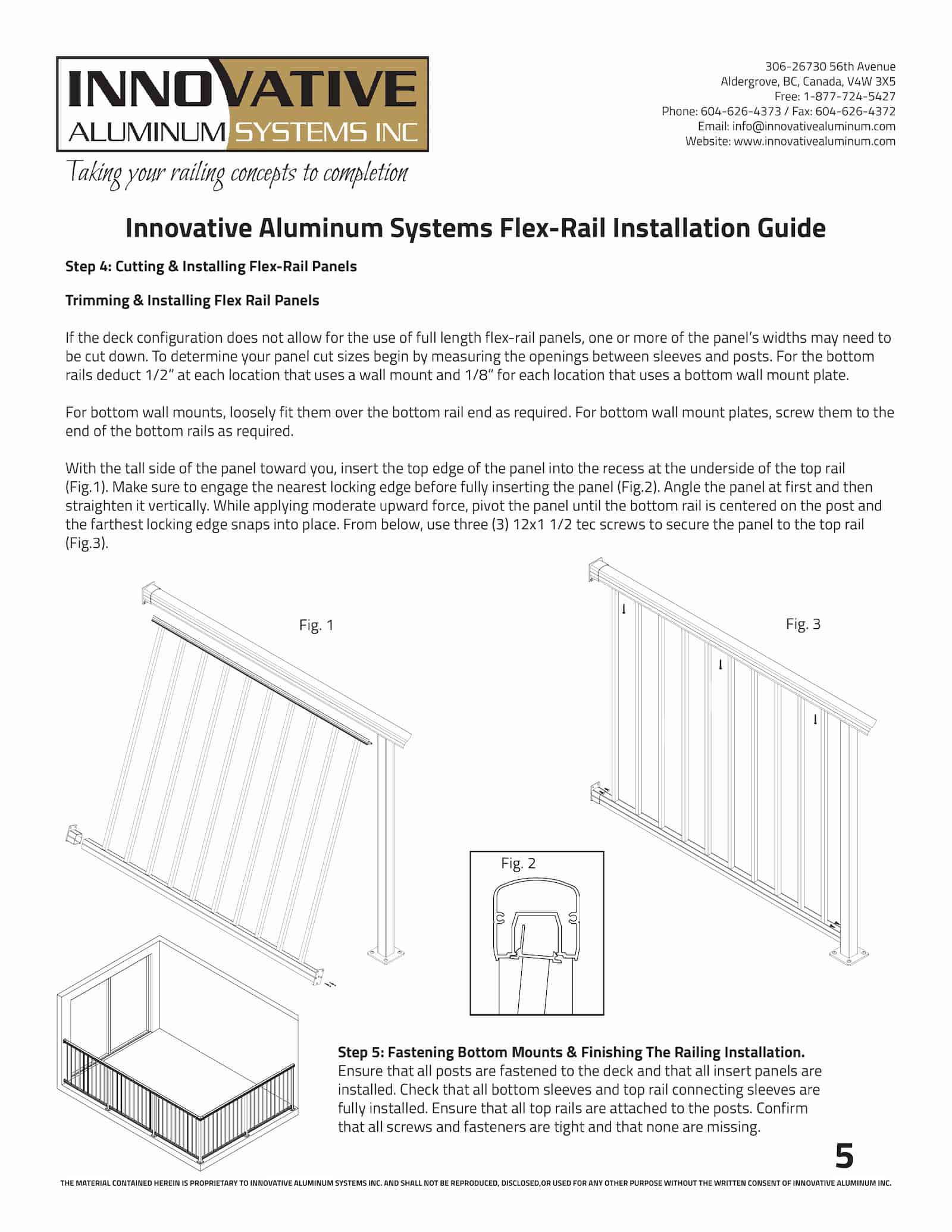 Three-figure installation diagram showing Flex Rail insert panel being snapped into the top rail channel