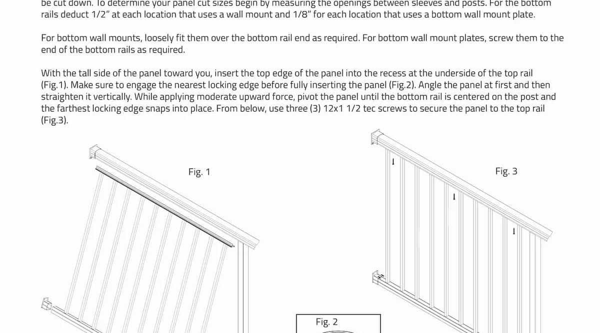 Three-figure installation diagram showing Flex Rail insert panel being snapped into the top rail channel