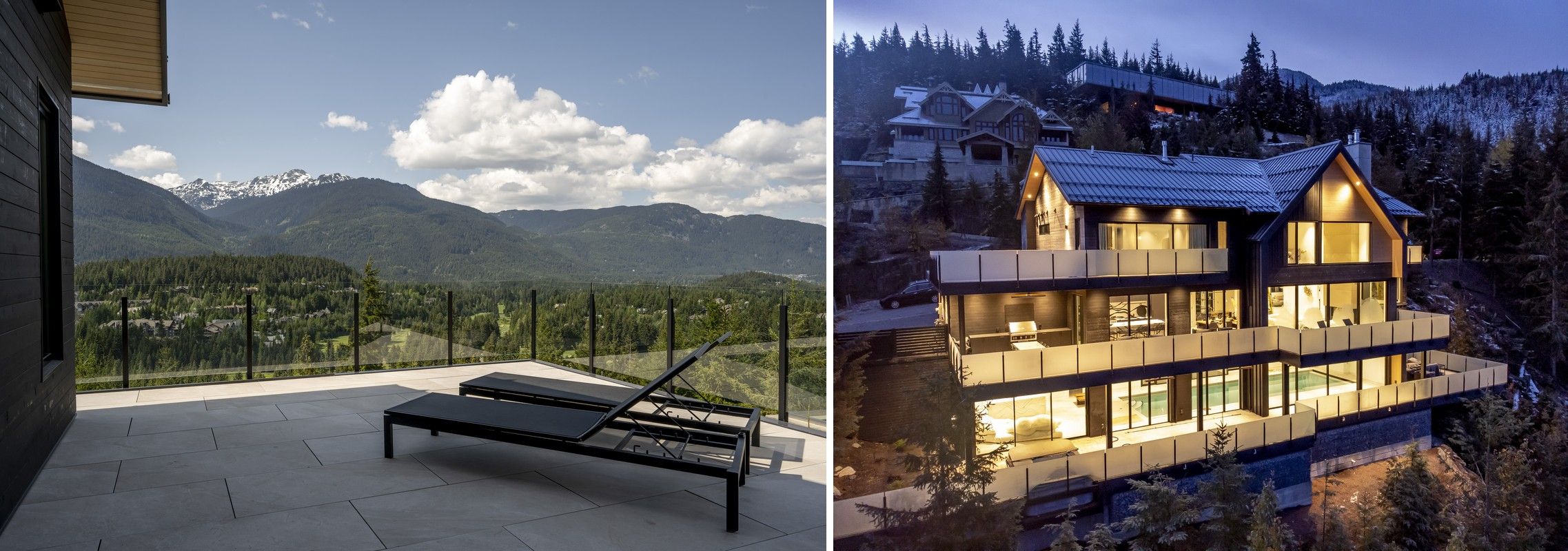 Same glass railing installation in Whistler, BC photographed in summer and winter showing no weather damage or degradation across seasons