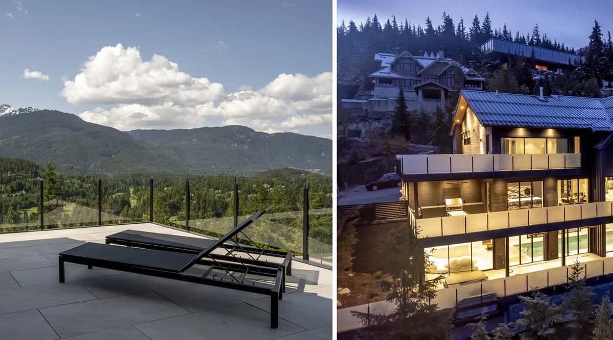 Same glass railing installation in Whistler, BC photographed in summer and winter showing no weather damage or degradation across seasons