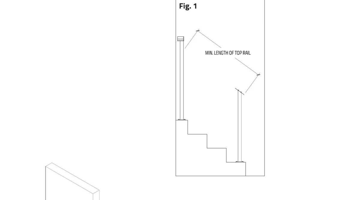 Flex Rail stair top rail installed with articulating flex sleeve at the transition post showing minimum top rail length measurement