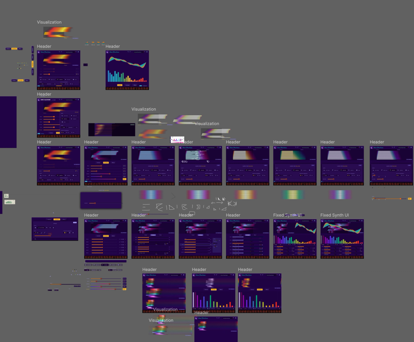 One of a dozen messy Figma pages where my designer and I have iterated ideas over the years.