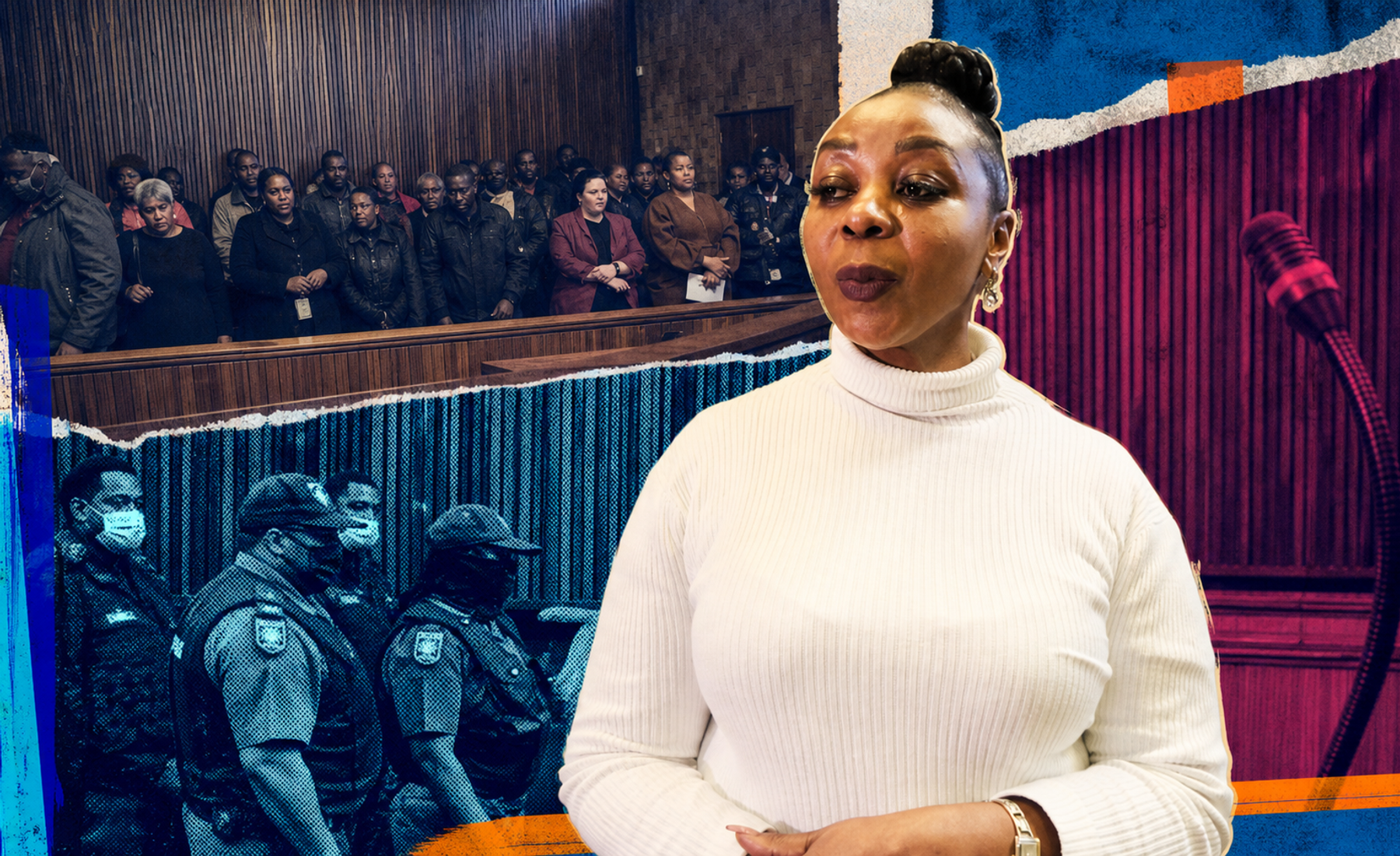 Nomia Rosemary Ndlovu in a cobalt, cyan, and magenta editorial courtroom collage