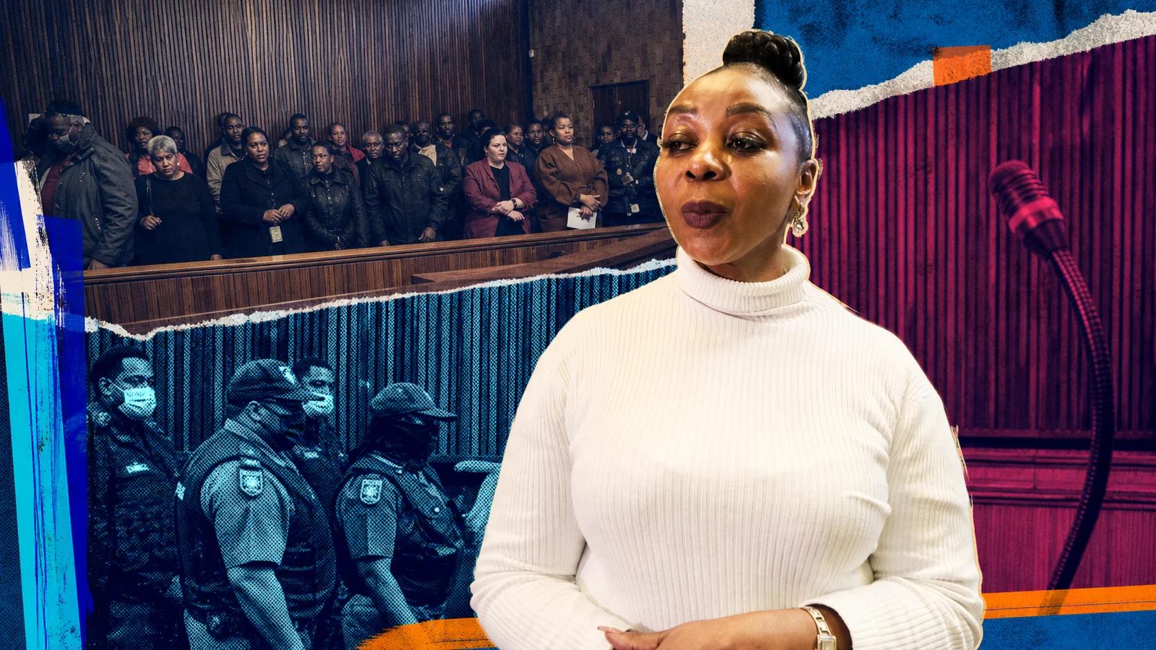 Nomia Rosemary Ndlovu in a cobalt, cyan, and magenta editorial courtroom collage