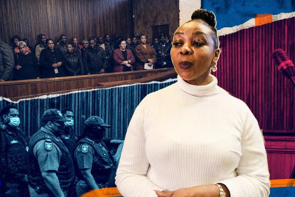 Nomia Rosemary Ndlovu in a cobalt, cyan, and magenta editorial courtroom collage