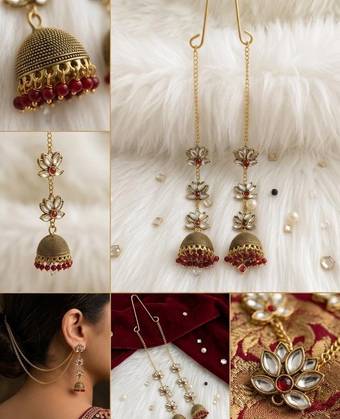 Antique Gold Lotus Kundan Kaan Chain Jhumka Earrings