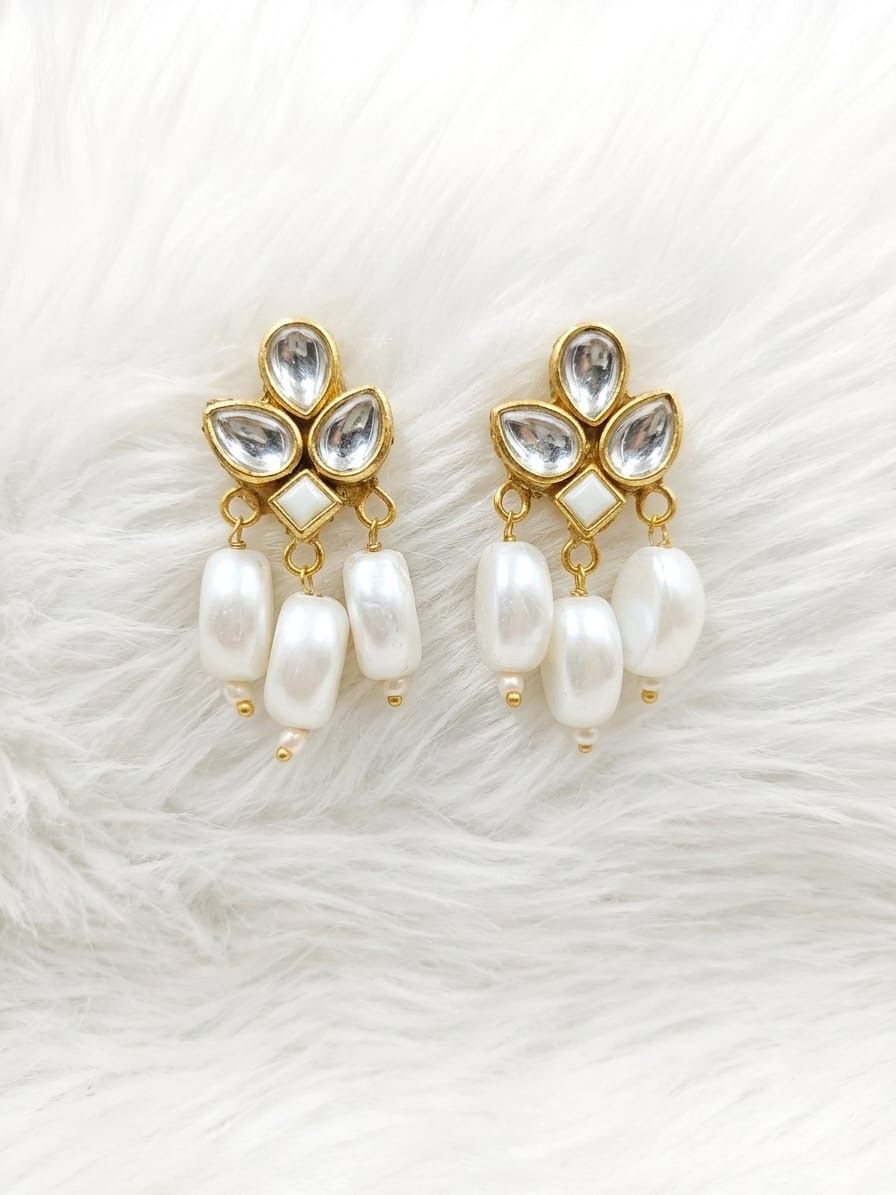 Kundan Stud Earrings with Bead Drops - Gold Plated Small Kundan Tops Earrings for Festive Wear