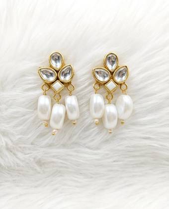 Kundan Stud Earrings with Bead Drops - Gold Plated Small Kundan Tops Earrings for Festive Wear