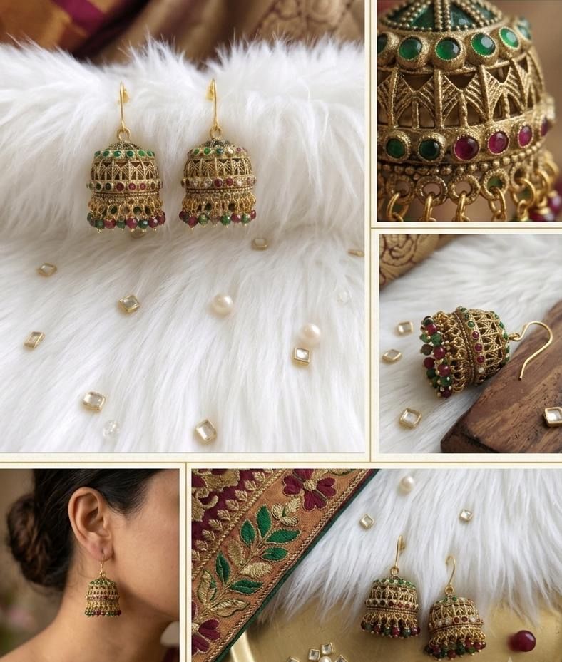  Antique Gold Multicolor Jhumka Earrings  Traditional Nauratan Bridal Jhumki