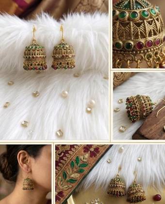 Antique Gold Multicolor Jhumka Earrings Traditional Nauratan Bridal Jhumki