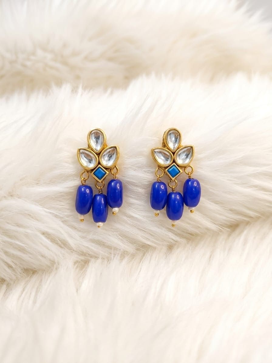 Kundan Stud Earrings with Bead Drops - Gold Plated Small Kundan Tops Earrings for Festive Wear